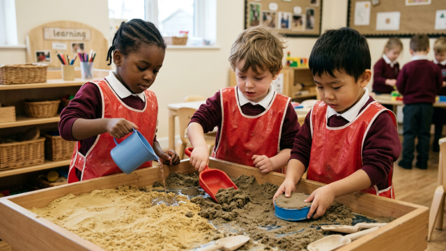 students playing with a tray of wet and dry sand
