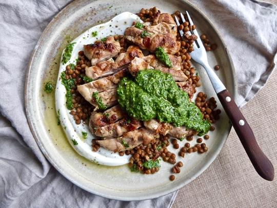 Grilled Chicken Thigh with Lentils, Yoghurt and Green Sauce