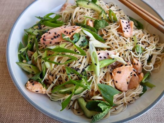 Salmon and Cucumber Rice Noodles with a Citrus-Miso Dressing