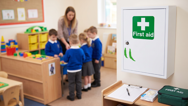 First aid cabinet in a classroom
