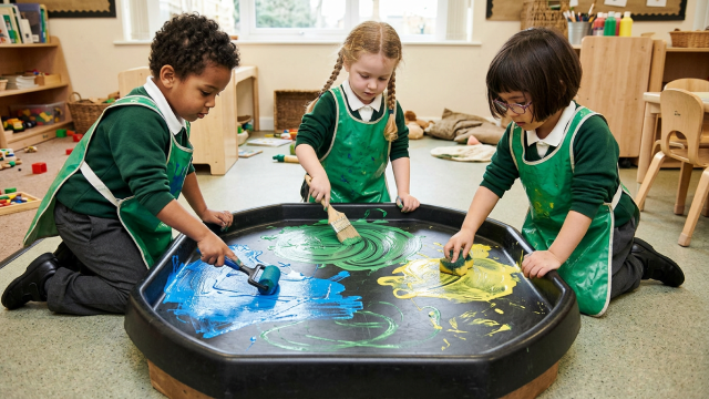 students painting in a tuff tray